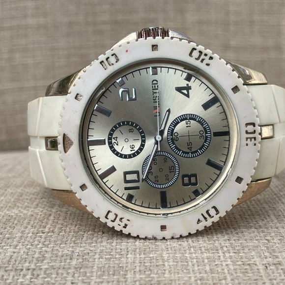 Unlisted Men Wristwatch White Band Gold Tone Case Quartz Analog - Picture 4 of 9